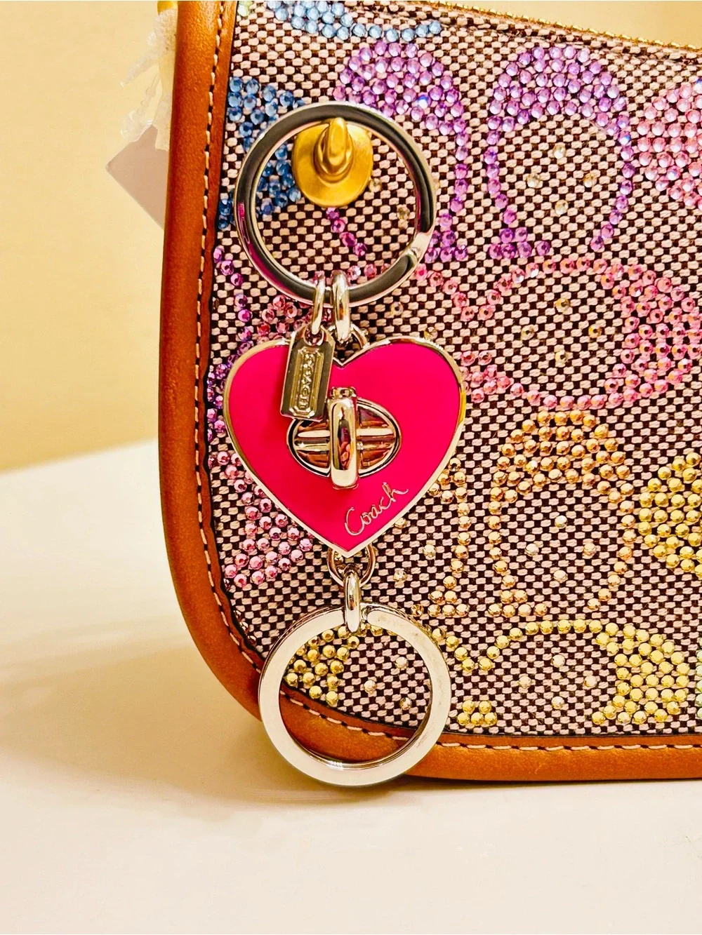 Coach Pink Heart Valet Keychain/ Bag Charm